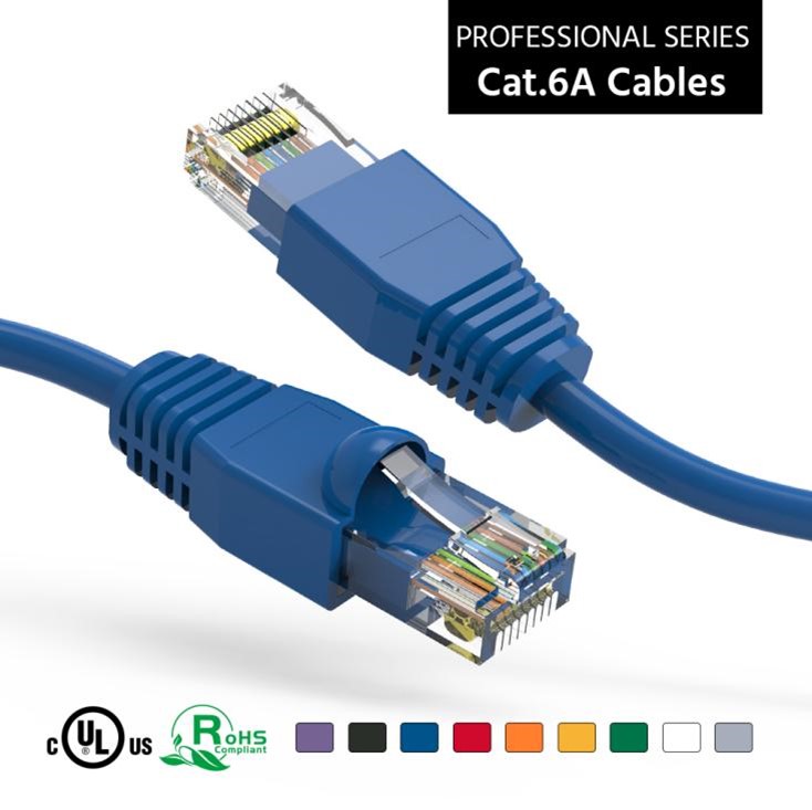 Two connectors of a Nippon Labs Cat 6A UTP Ethernet Network Booted Cable are displayed.
